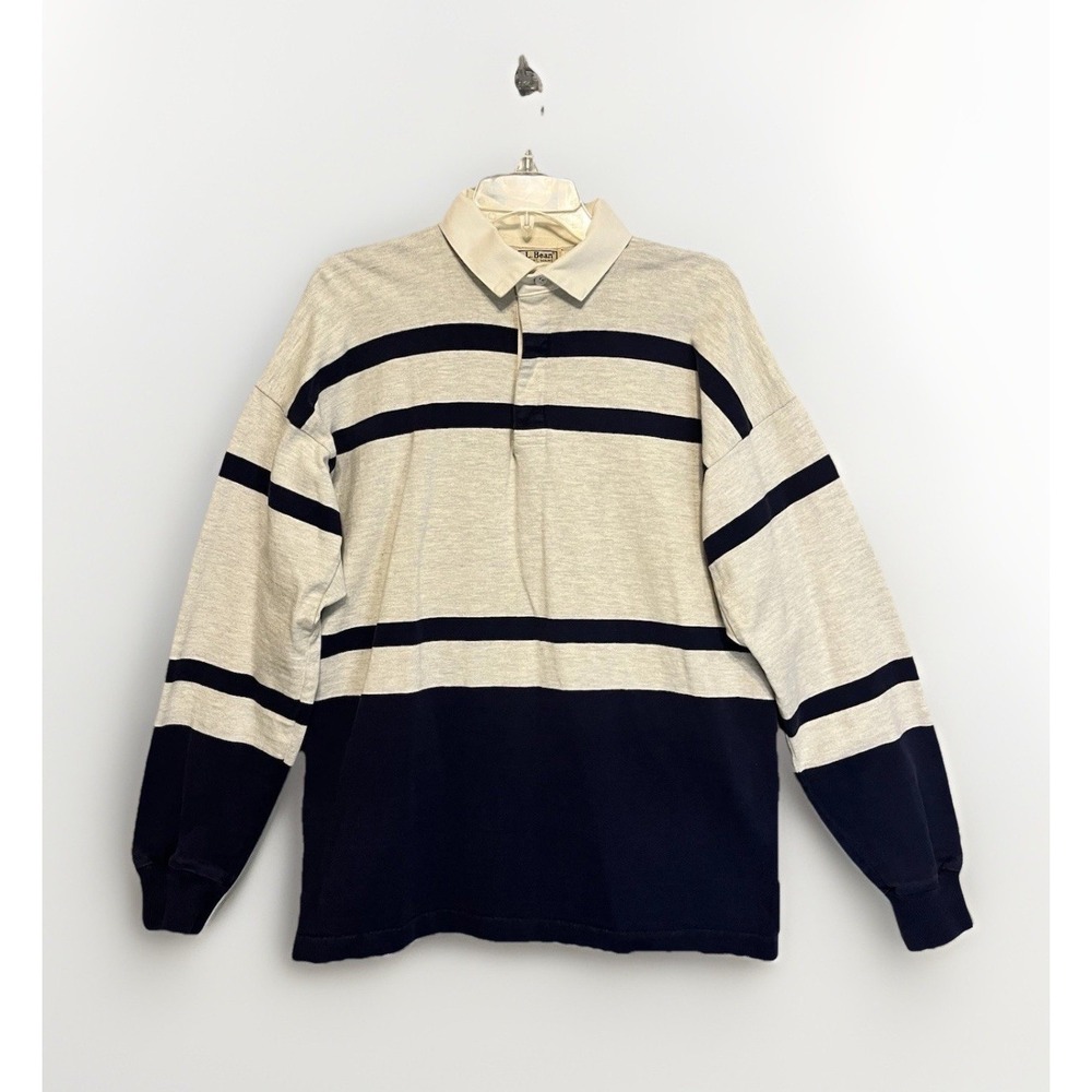 Vintage LL Bean Stripe Rugby Polo Shirt Mens Large Cotton Long Sleeve 80s 90s
